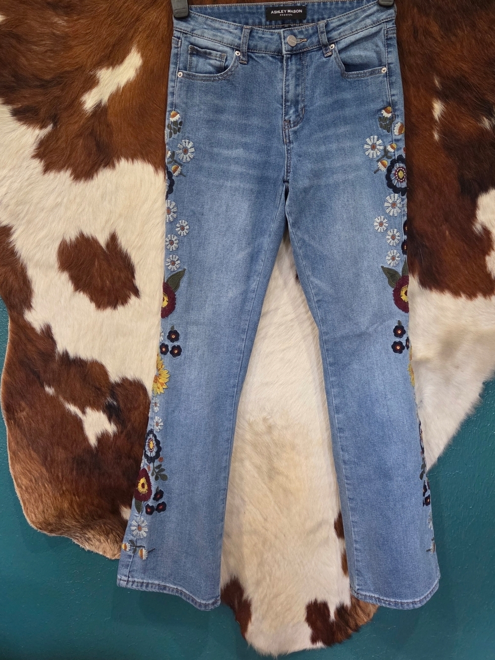 Ashley Mason Light Blue Embroidered Flare Jeans